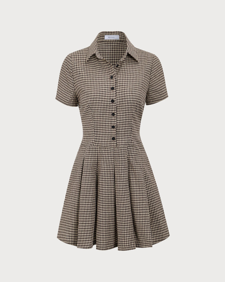 Imogen | Brown Plaid Lapel Pleated Mini Dress