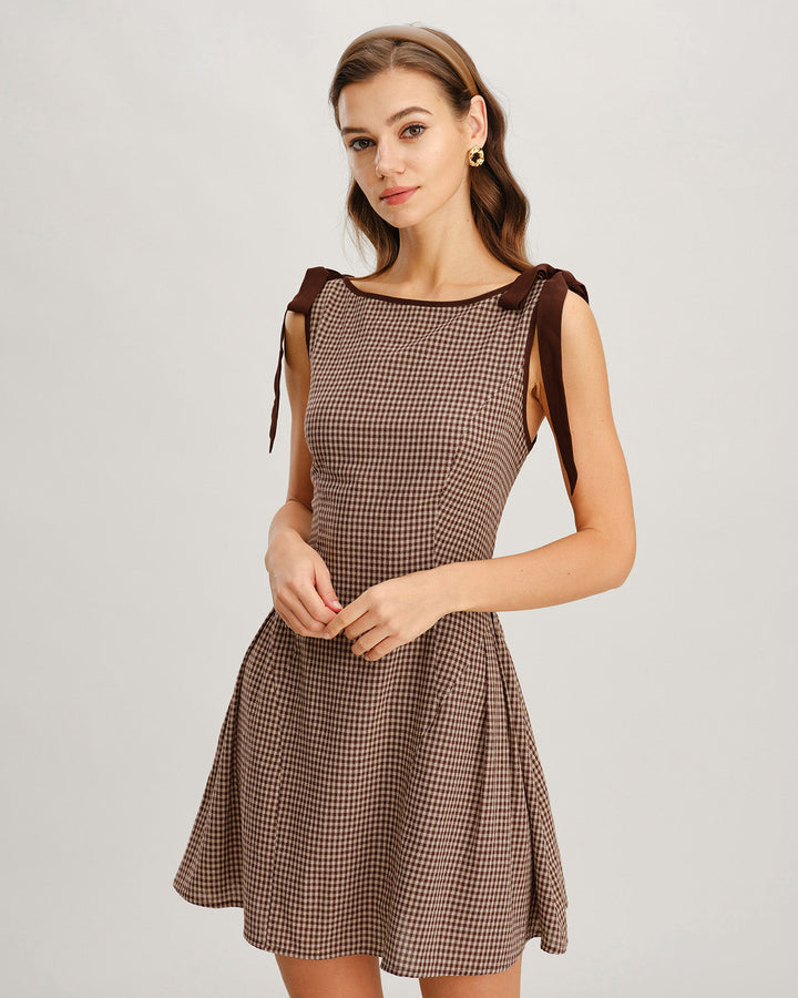 Reva | Brown Gingham Tie Strap Mini Dress