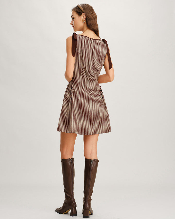 Reva | Brown Gingham Tie Strap Mini Dress