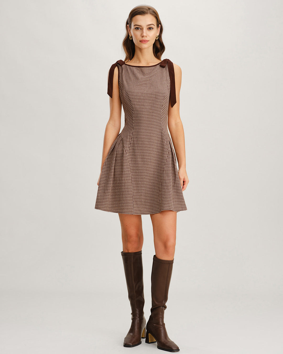 Reva | Brown Gingham Tie Strap Mini Dress