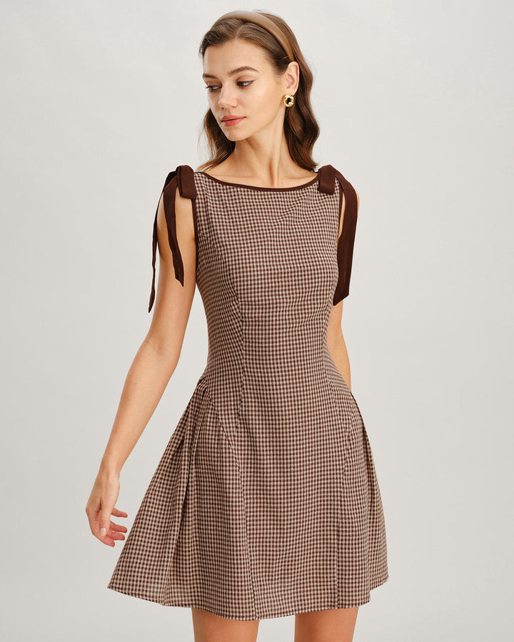 Reva | Brown Gingham Tie Strap Mini Dress