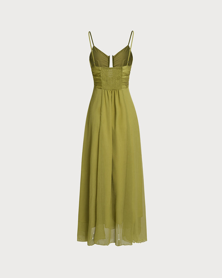 Sage | Ruched Spaghetti Strap Slip Maxi Dress