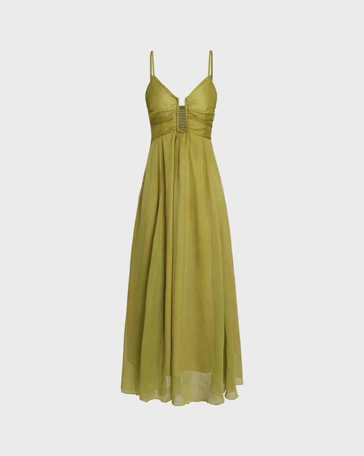Sage | Ruched Spaghetti Strap Slip Maxi Dress