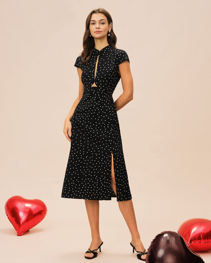 Noor | Mandarin Collar Polka Dot Midi Dress
