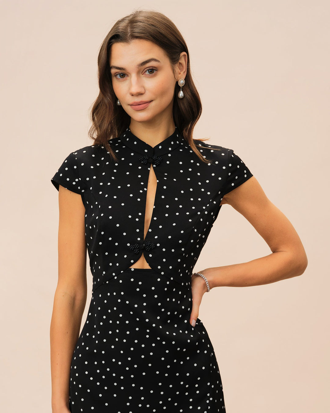 Noor | Mandarin Collar Polka Dot Midi Dress