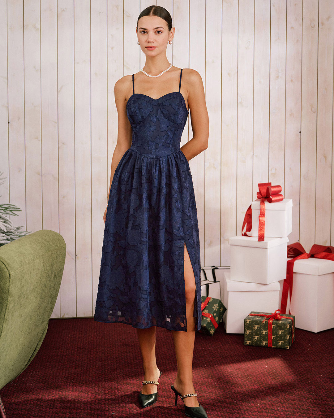 Edith | Jacquard A-Line Spaghetti Strap Midi Dress