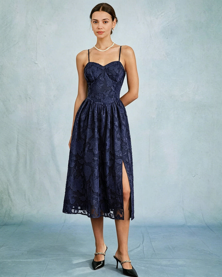 Edith | Jacquard A-Line Spaghetti Strap Midi Dress