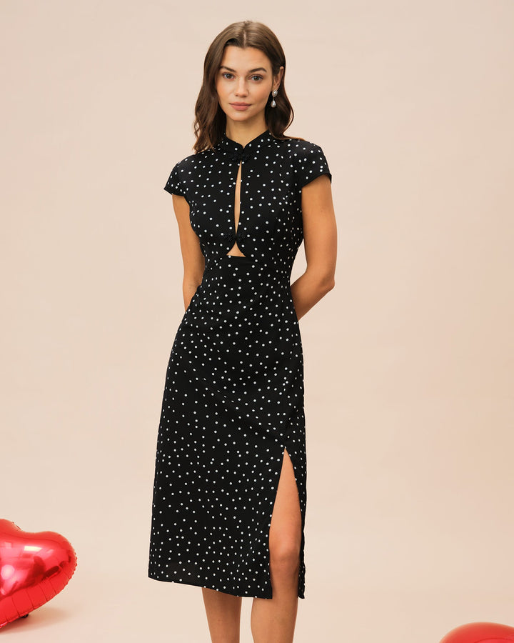 Noor | Mandarin Collar Polka Dot Midi Dress