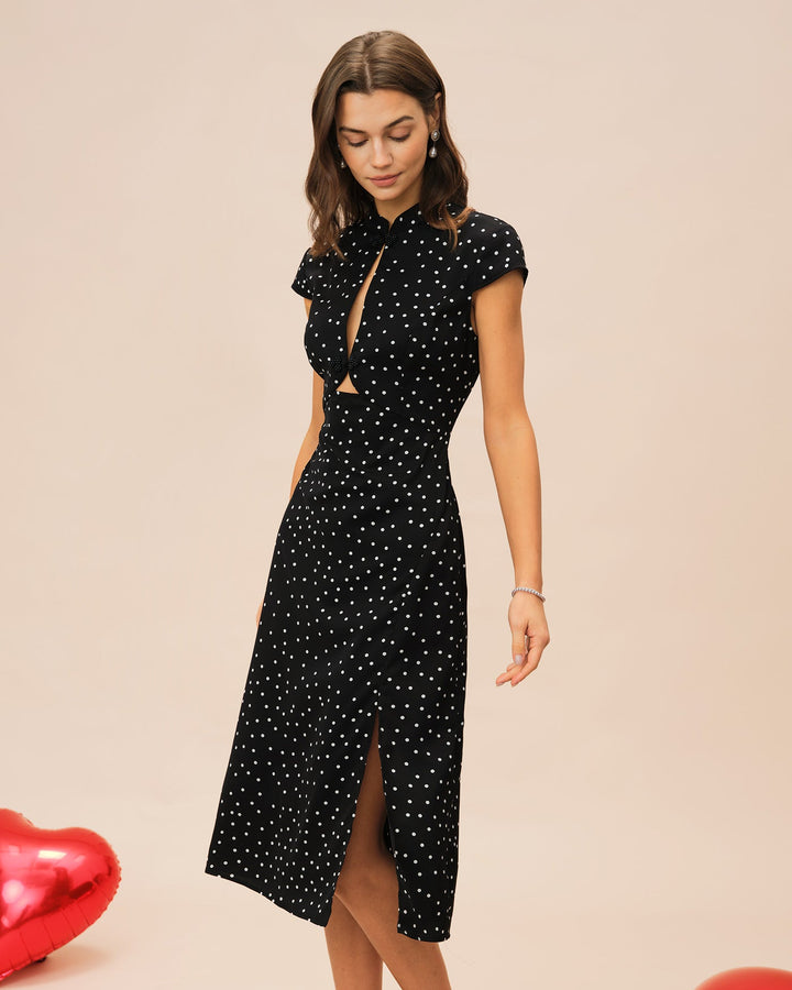 Noor | Mandarin Collar Polka Dot Midi Dress