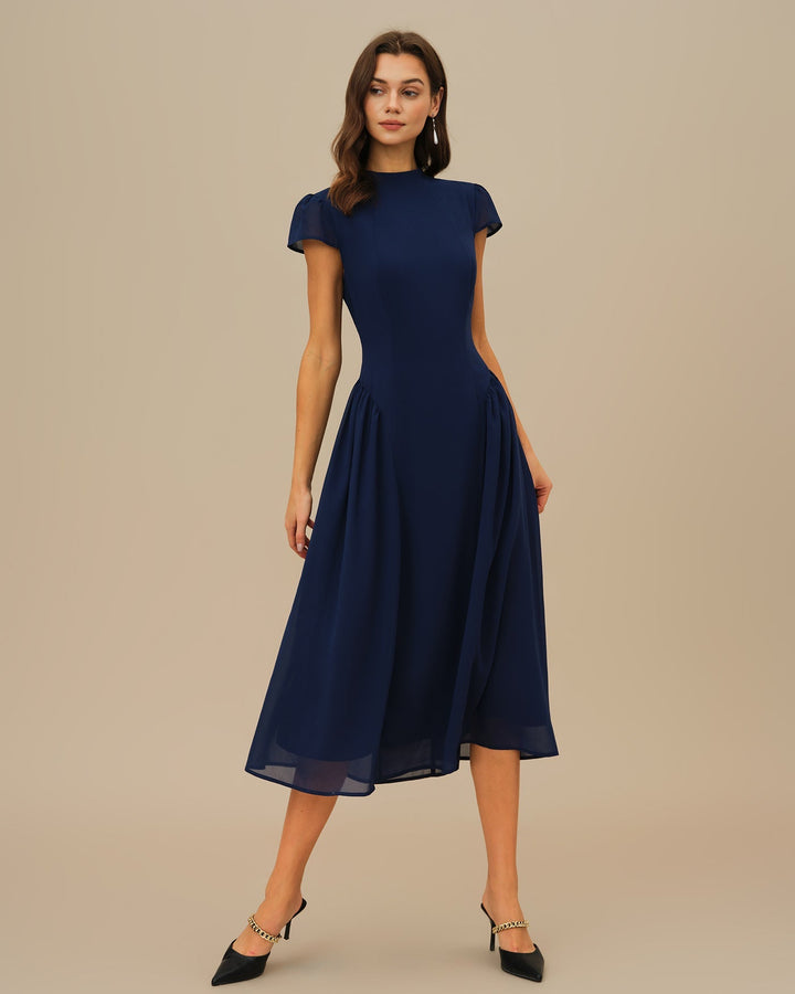 Anouk | Puffed Sleeve Blue Midi Dress