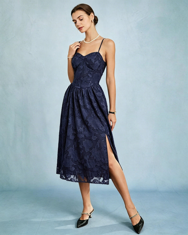 Edith | Jacquard A-Line Spaghetti Strap Midi Dress