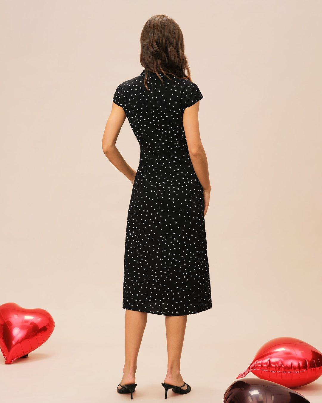 Noor | Mandarin Collar Polka Dot Midi Dress