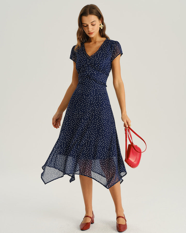 Mabel | Navy Polka Dot Cap Sleeve Midi Dress