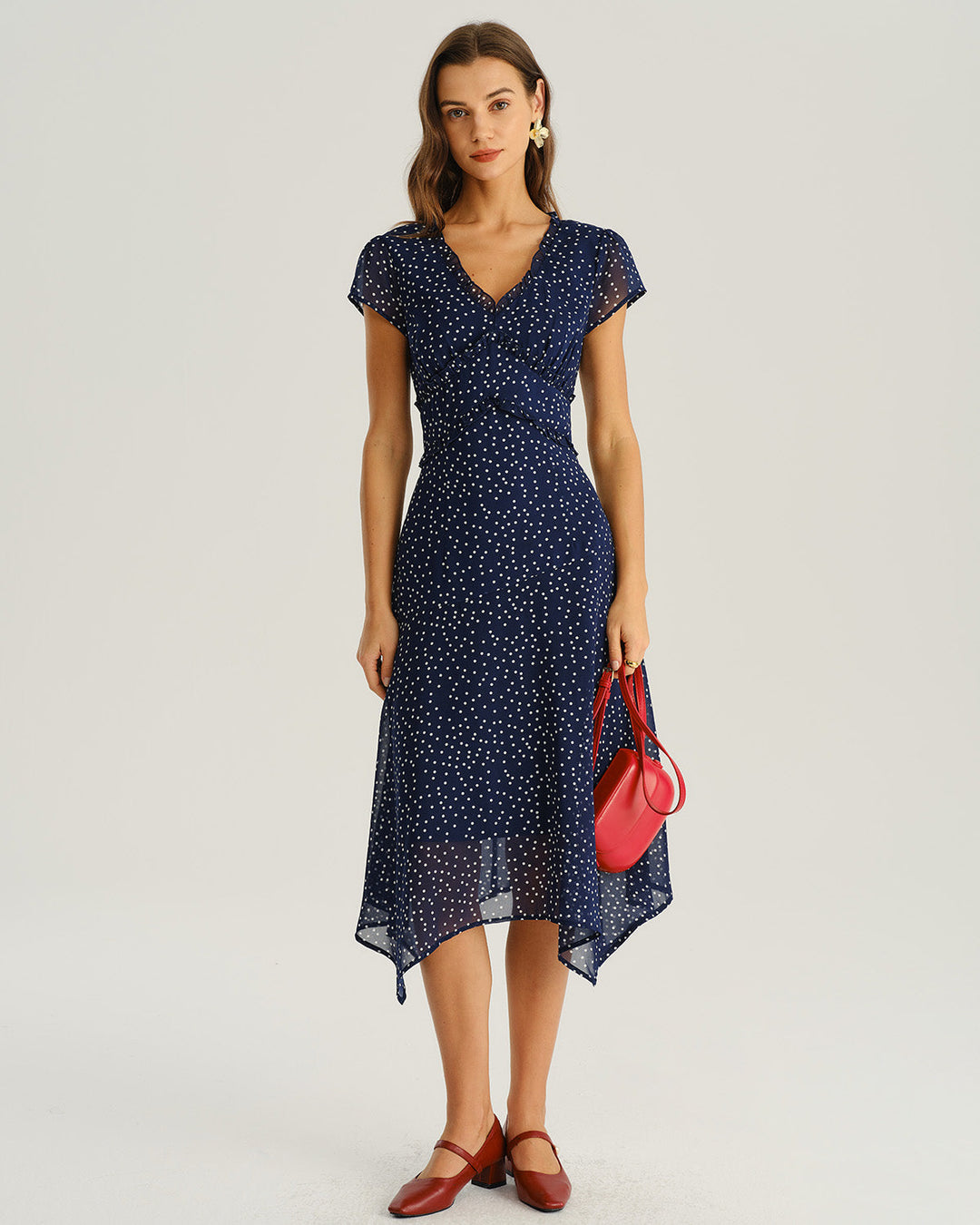 Mabel | Navy Polka Dot Cap Sleeve Midi Dress