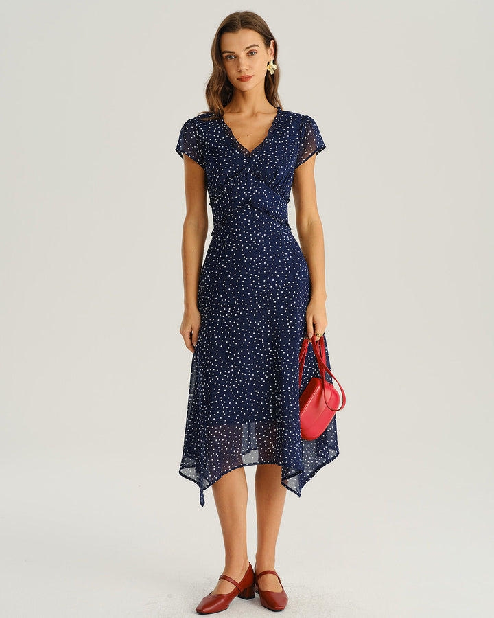 Mabel | Navy Polka Dot Cap Sleeve Midi Dress