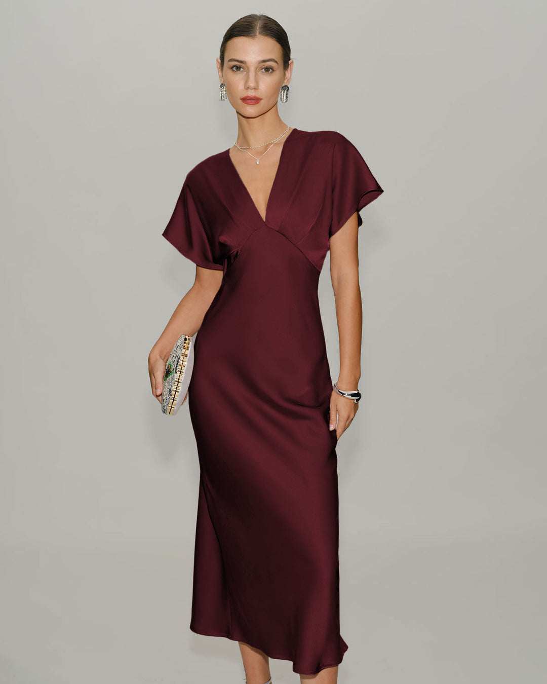 Cleo | Wine Red Satin Cowl Neck Midi Dress
