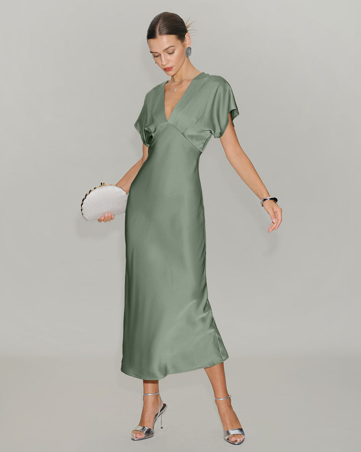 Una | V-Neck Satin-Look A-Line Midi Dress