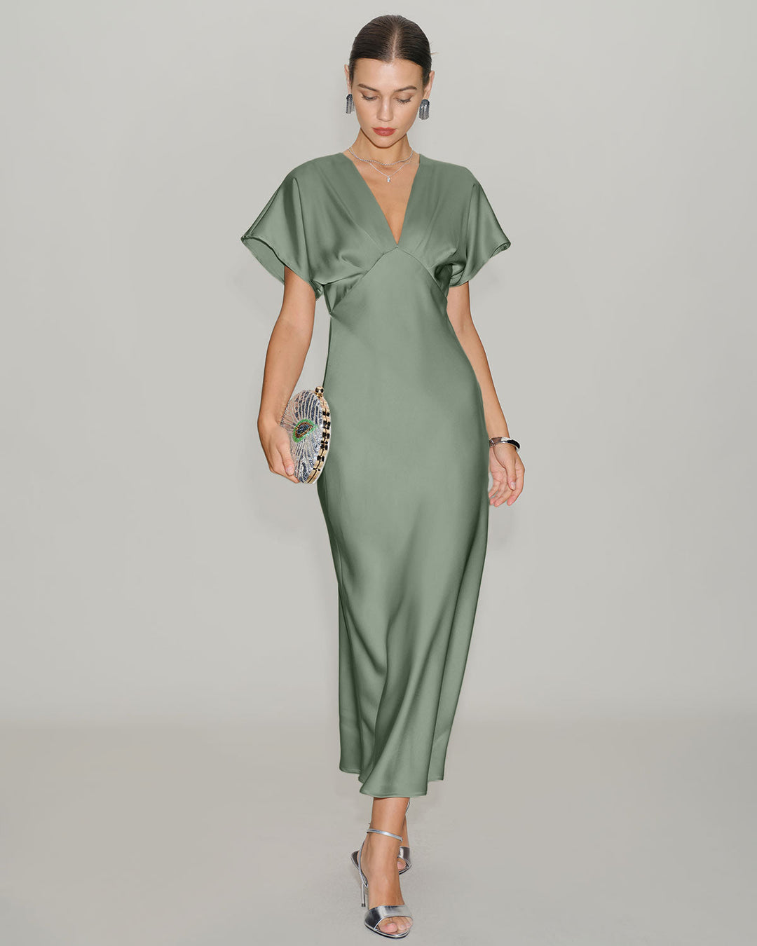 Una | V-Neck Satin-Look A-Line Midi Dress
