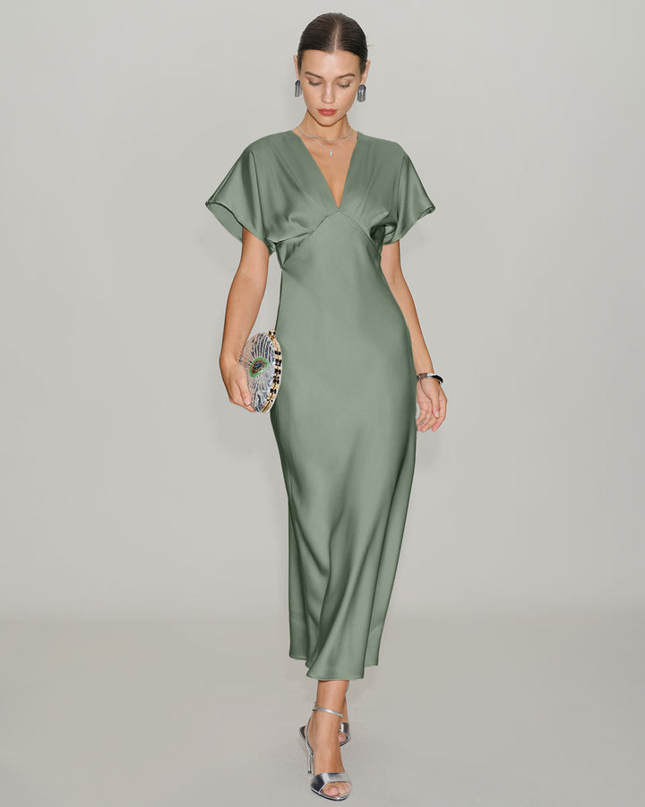 Una | V-Neck Satin-Look A-Line Midi Dress