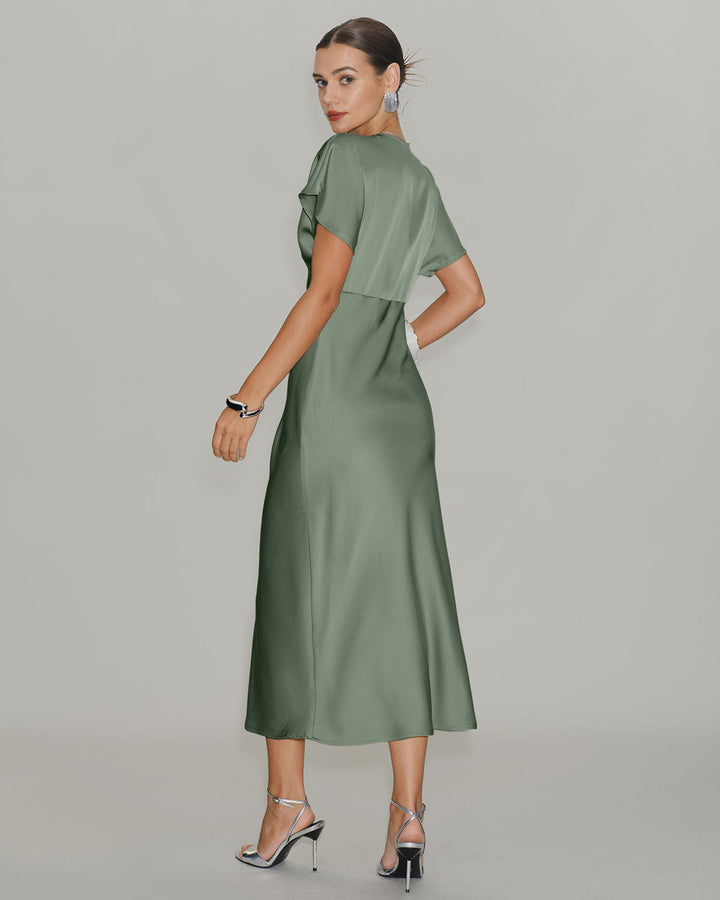 Una | V-Neck Satin-Look A-Line Midi Dress