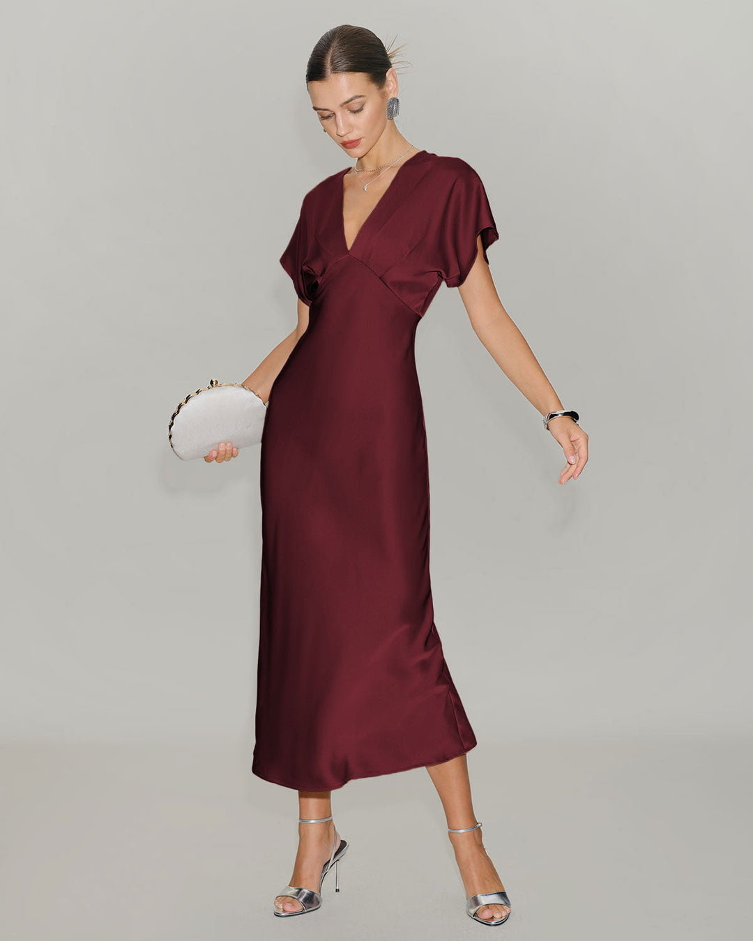 Cleo | Wine Red Satin Cowl Neck Midi Dress