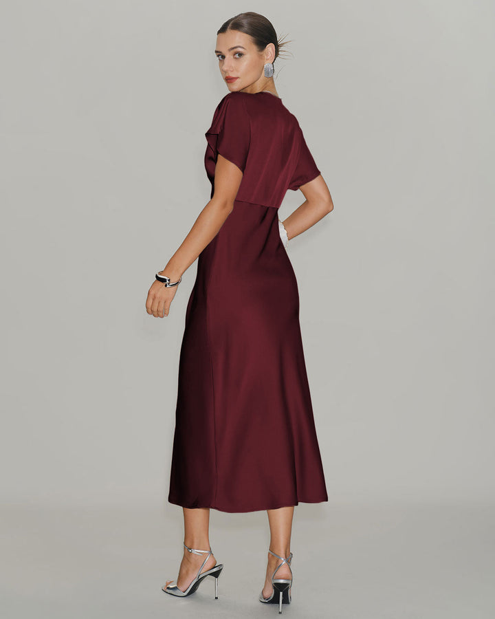 Cleo | Wine Red Satin Cowl Neck Midi Dress