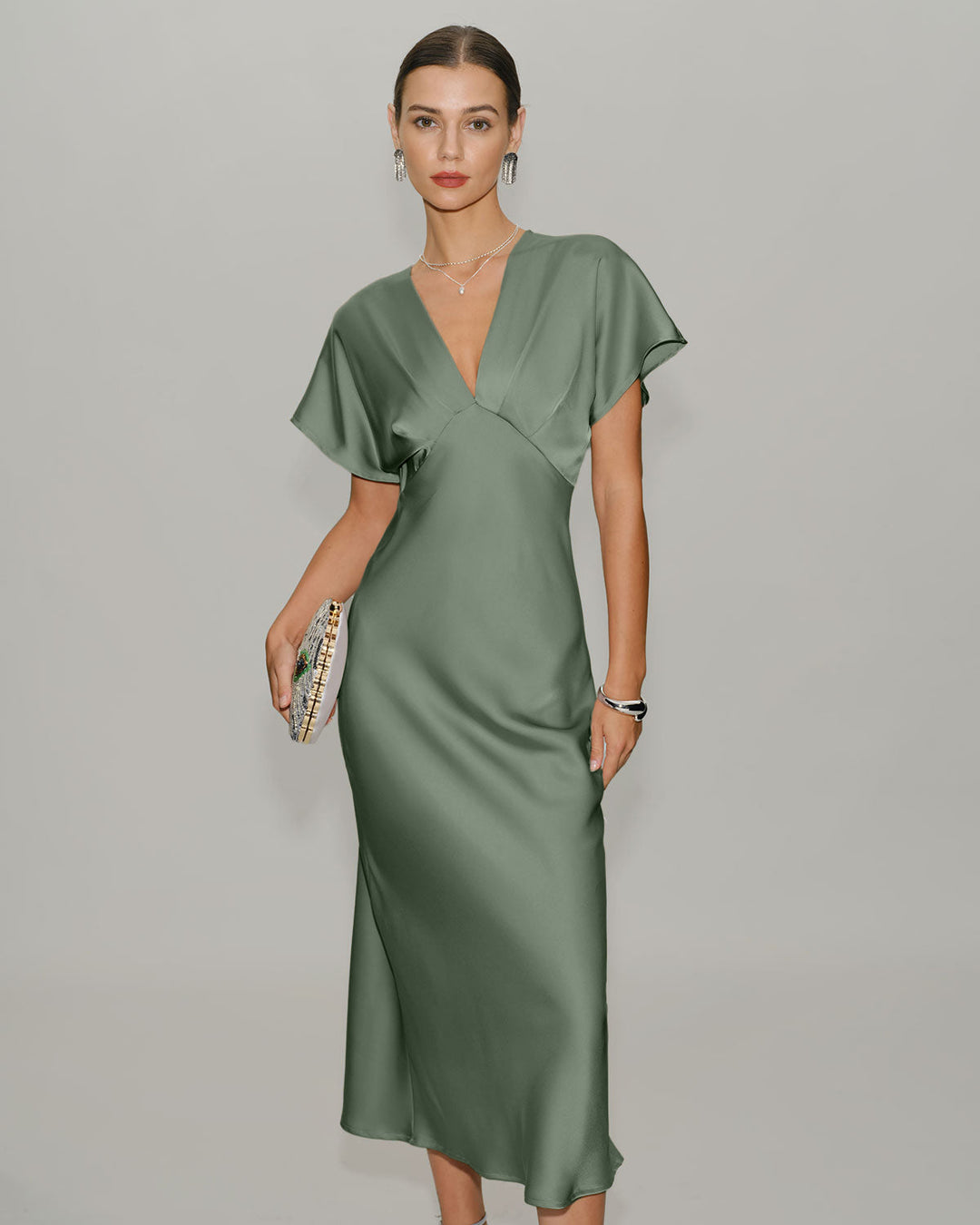 Una | V-Neck Satin-Look A-Line Midi Dress