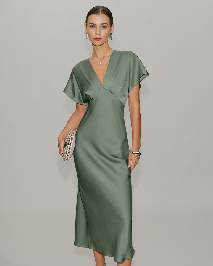 Una | V-Neck Satin-Look A-Line Midi Dress