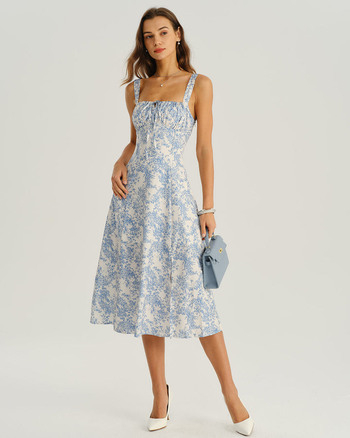 Amara | Floral Ruched Spaghetti Strap Midi Dress