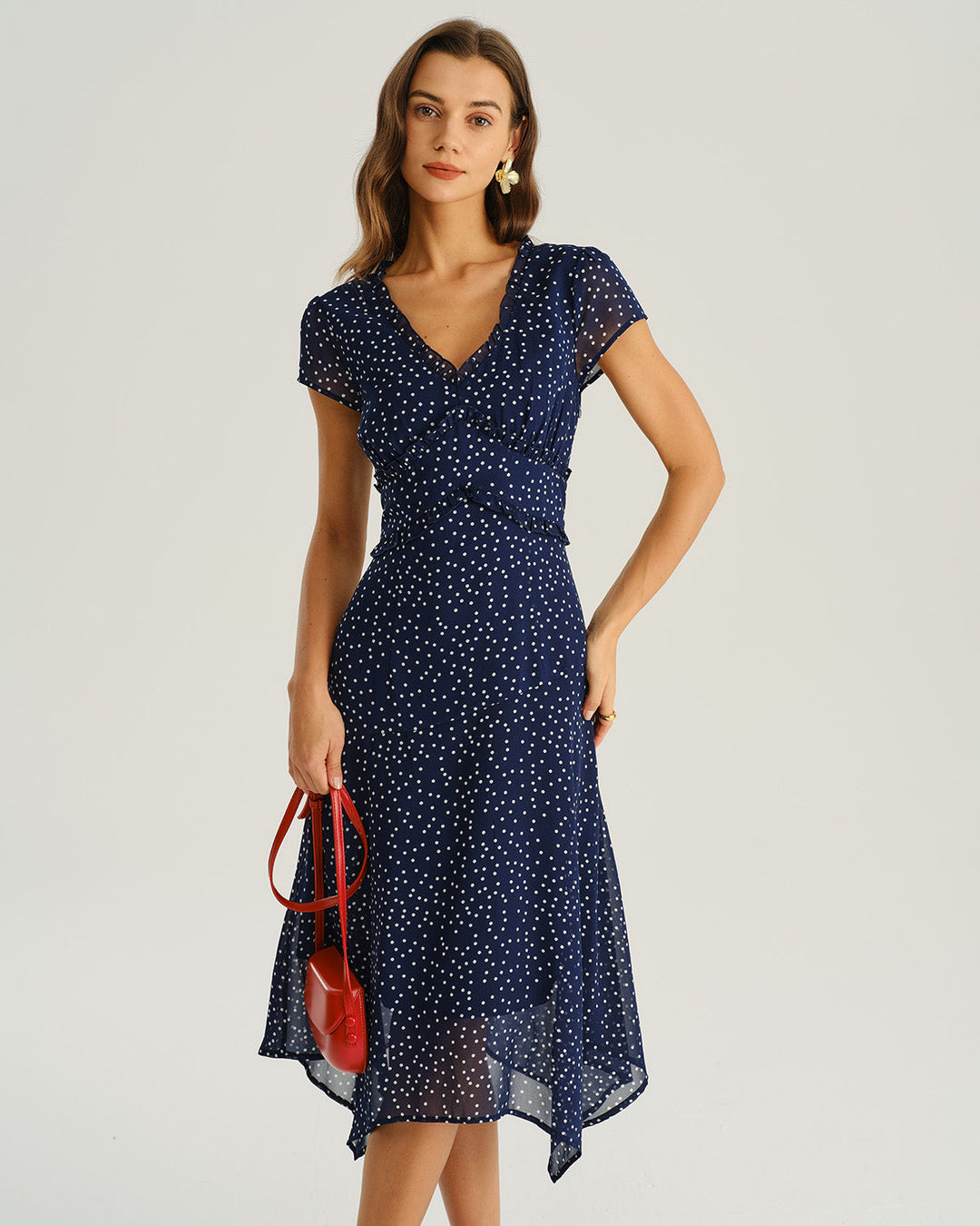 Mabel | Navy Polka Dot Cap Sleeve Midi Dress