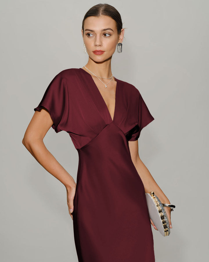 Cleo | Wine Red Satin Cowl Neck Midi Dress