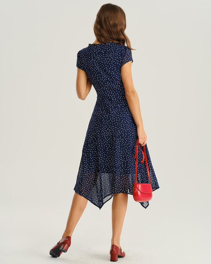 Mabel | Navy Polka Dot Cap Sleeve Midi Dress