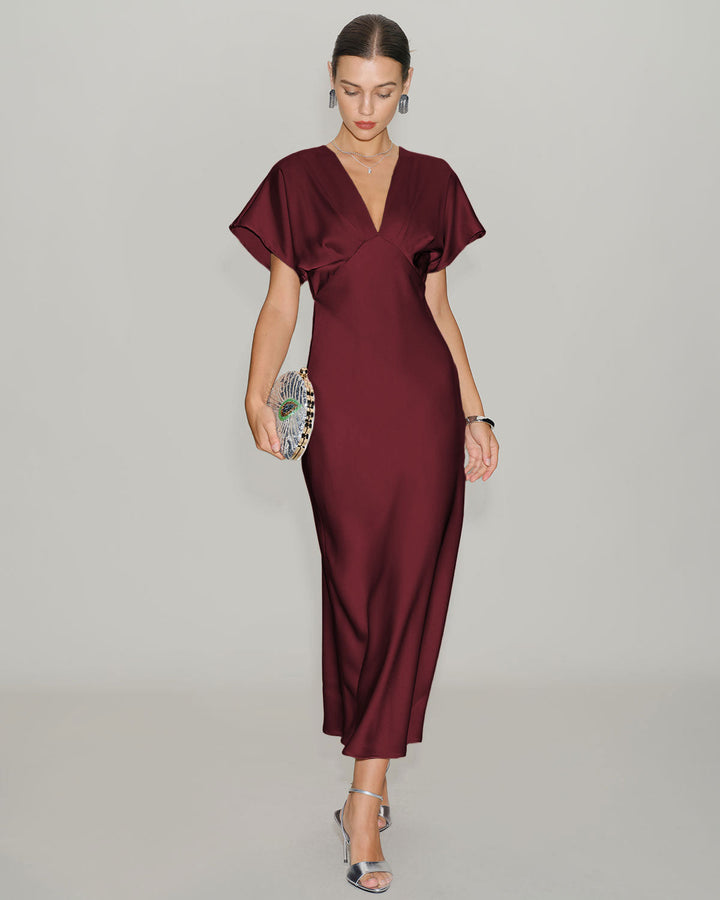 Cleo | Wine Red Satin Cowl Neck Midi Dress