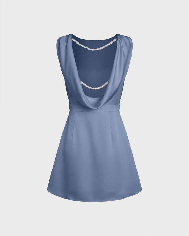 Celeste | Boat Neck Pearl Detail Satin Mini Dress