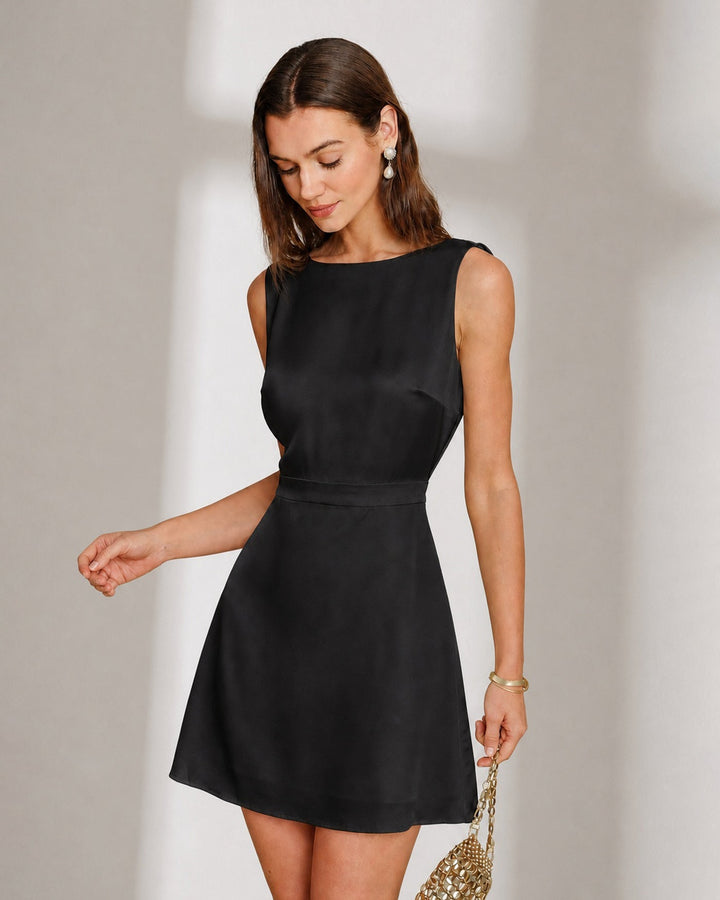Cleona | Boat Neck Pearl A-Line Mini Dress