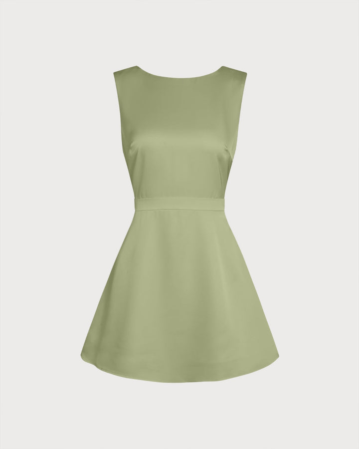 Blair | Pearl Detail Boat Neck Satin Mini Dress