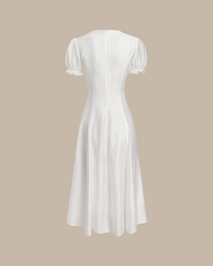 Zara | Puffed Sleeve V-Neck White Midi Dress