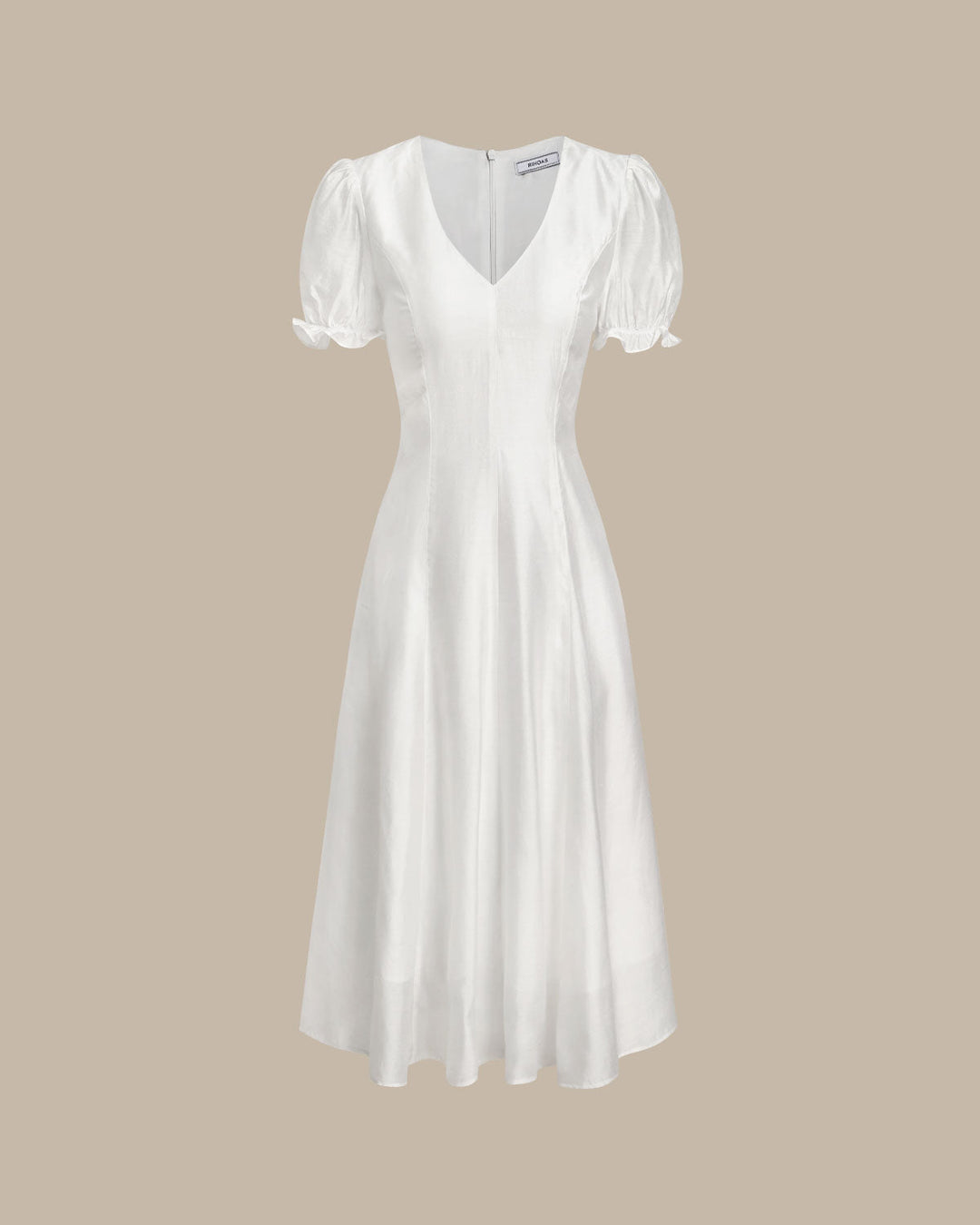 Zara | Puffed Sleeve V-Neck White Midi Dress