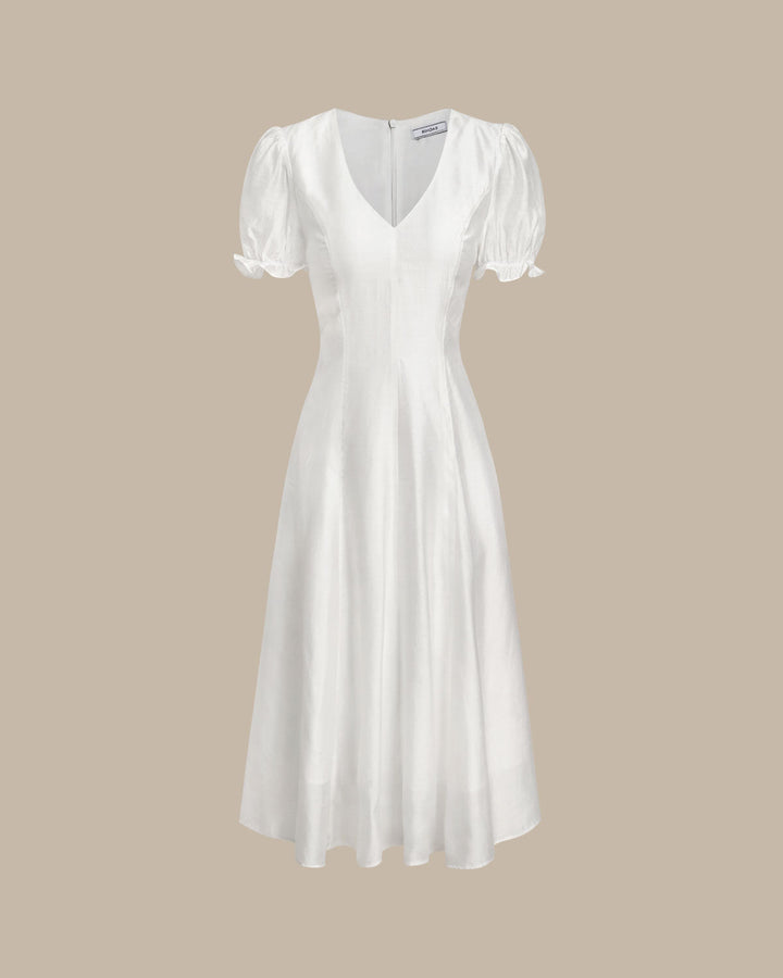 Zara | Puffed Sleeve V-Neck White Midi Dress