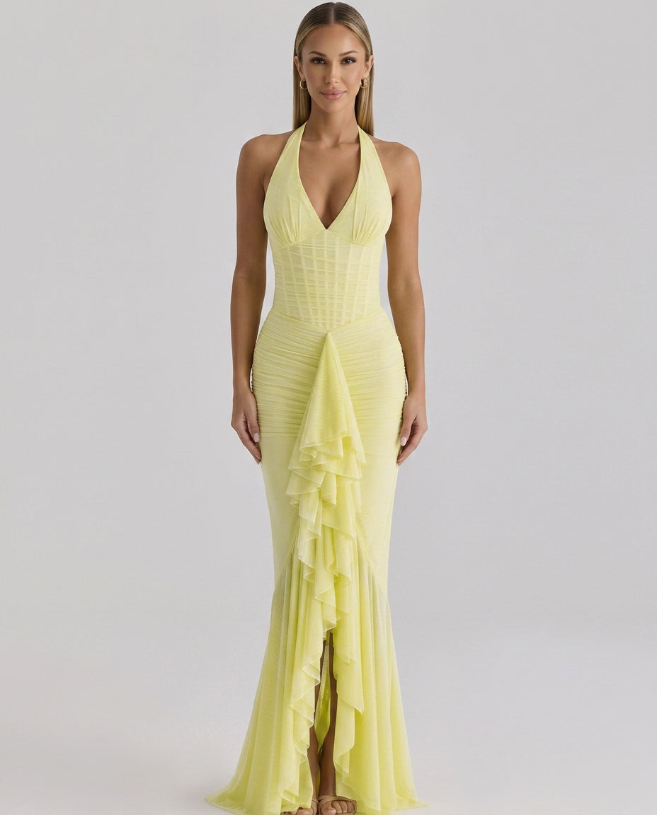 Talia | Mesh Corset Frill Maxi Dress