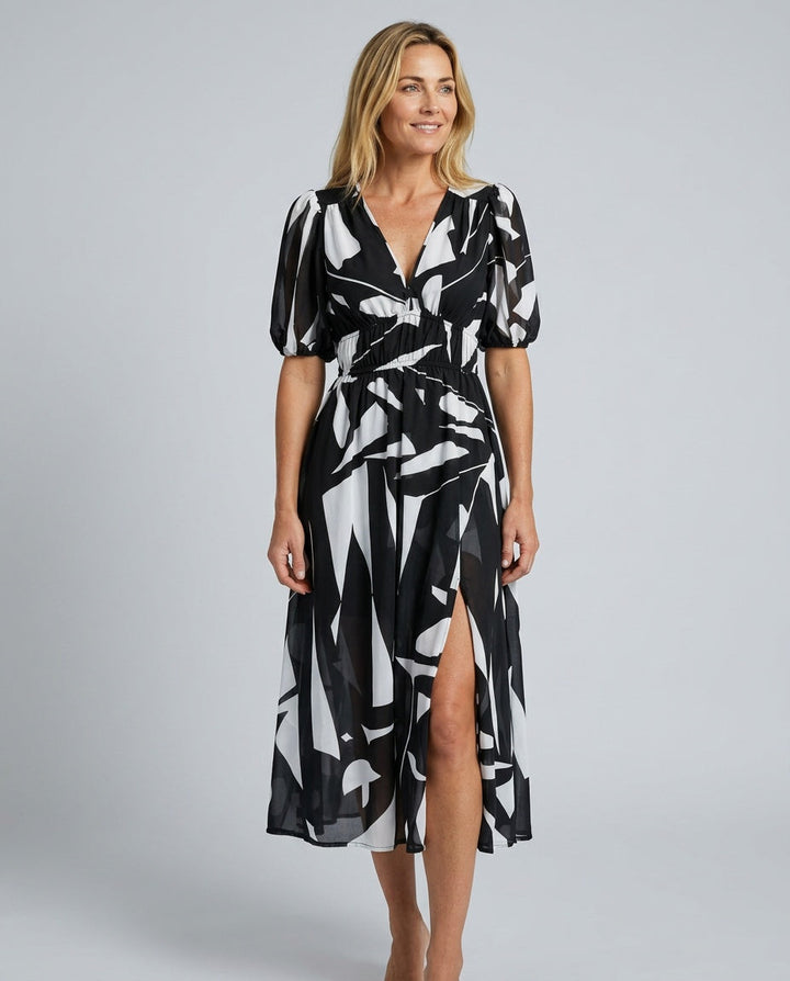 Mira | V-Neck Puff Sleeve Pleated Midi Dress