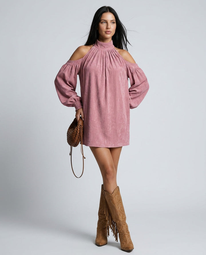 Sienna | Faux Suede Halter Mini with Lantern Sleeves