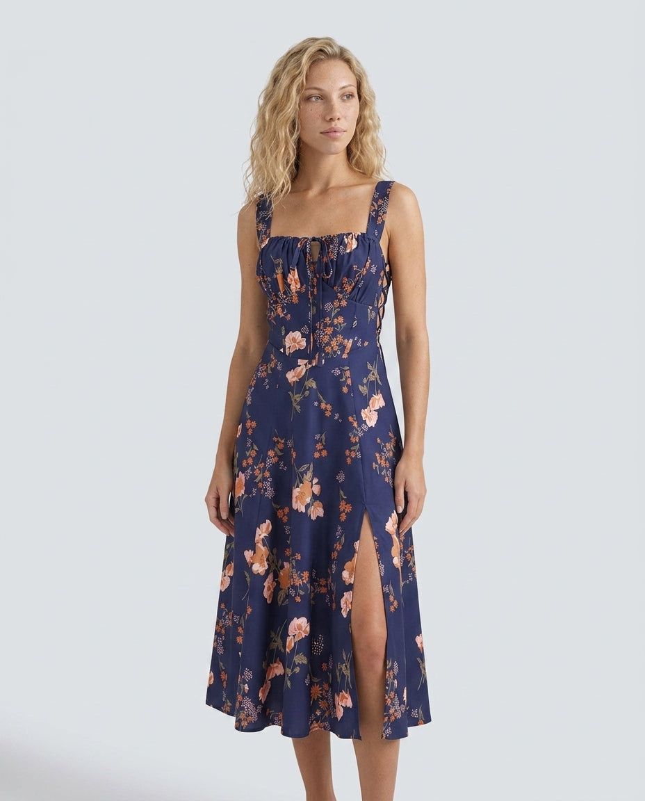 Valentina | Lace-Up Floral Ruched Midi Dress