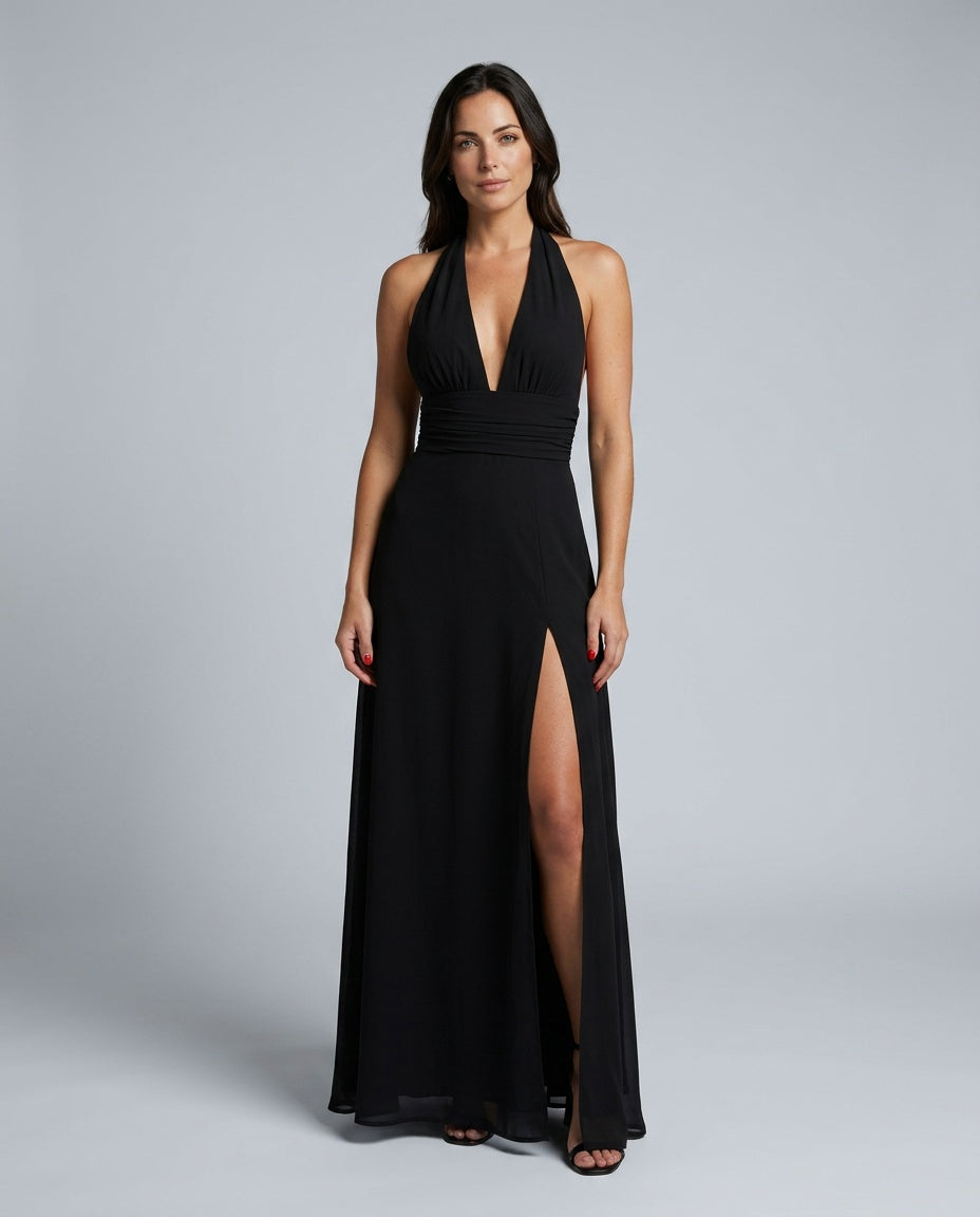 Serène | Halter Neck Leg Slit Wedding Guest Maxi Dress