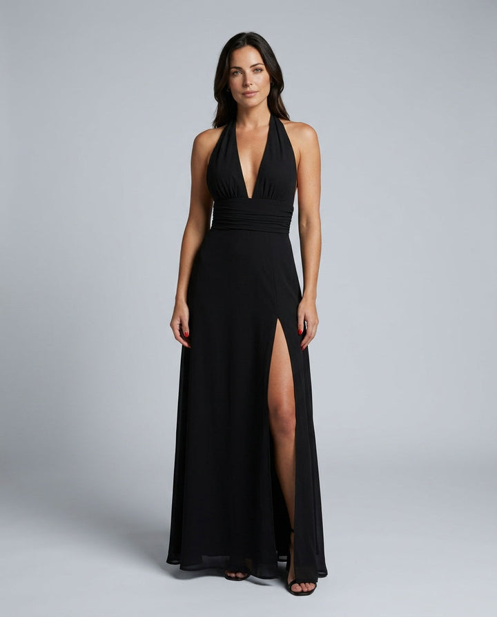 Serène | Halter Neck Leg Slit Wedding Guest Maxi Dress