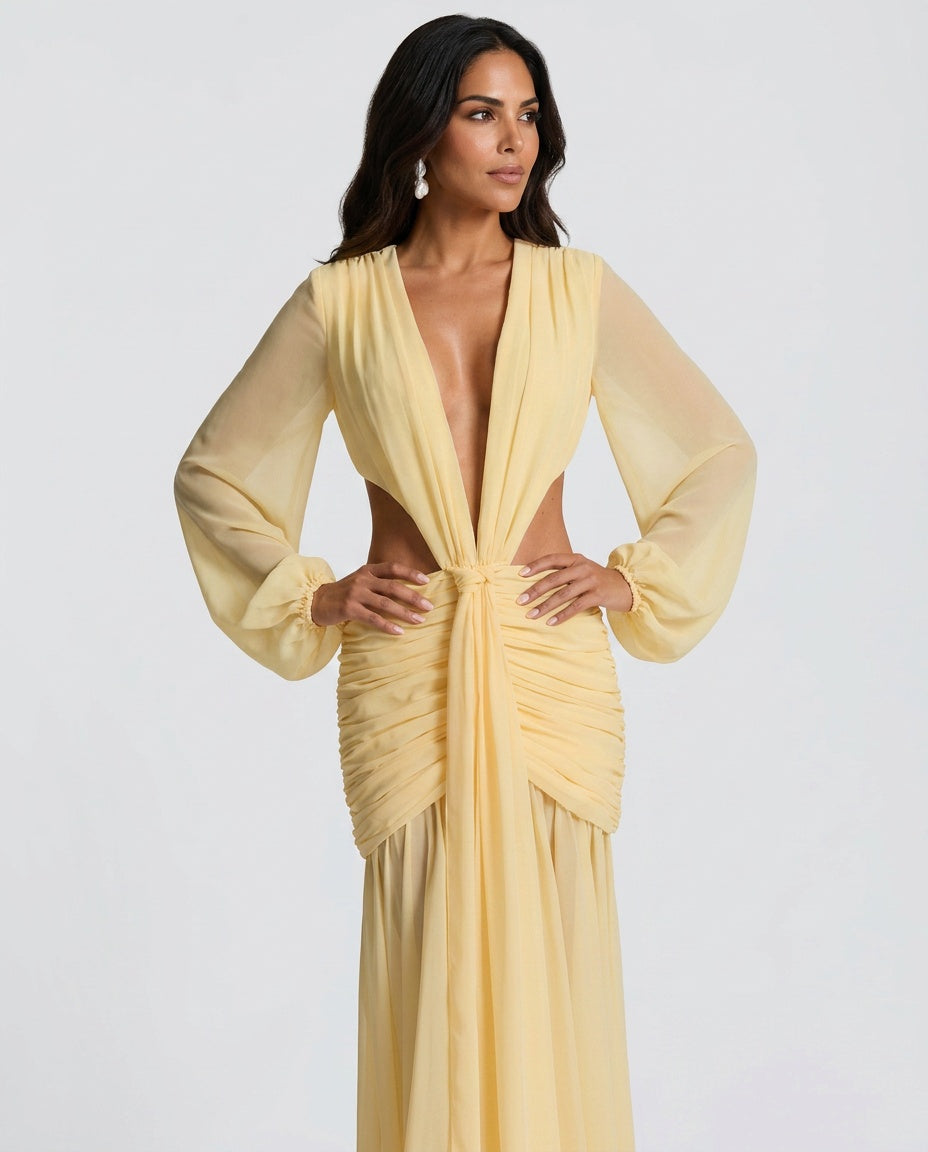 Camille | Long Sleeve Cut-Out Chiffon Maxi Dress