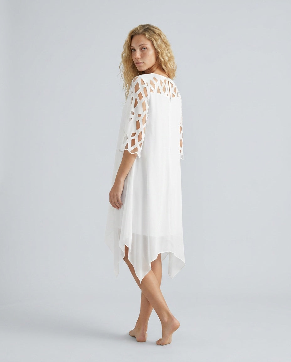 Lysette | Mesh Sleeve Keyhole Back Midi Dress