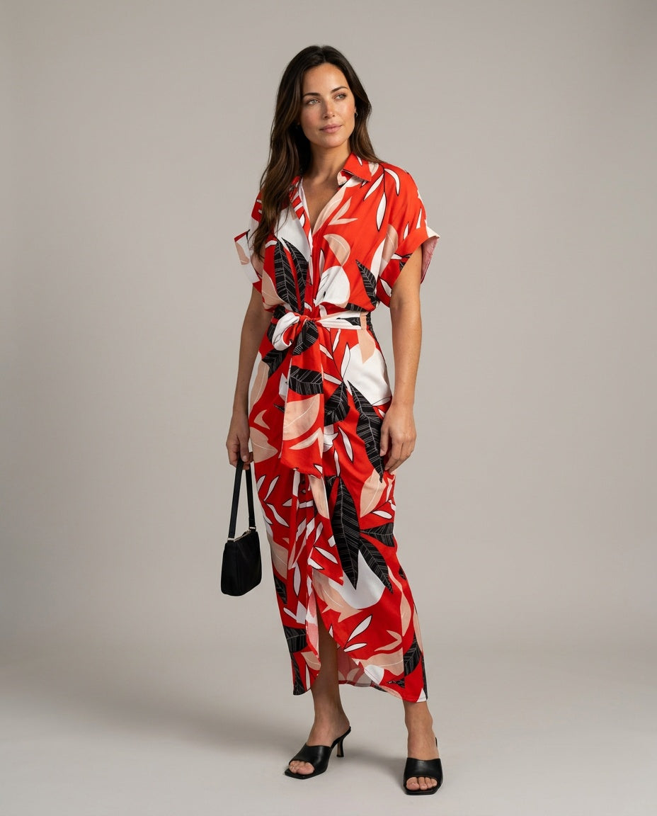 Celeste | Belted Short Sleeve Midi Shirt Dress