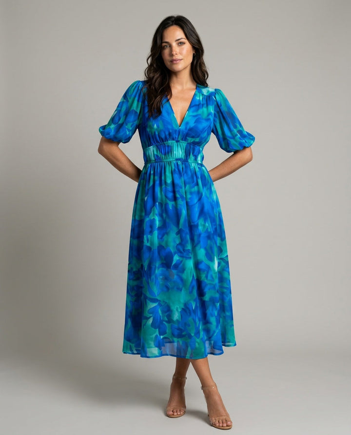 Dahlia | Floral Puff Sleeve Party Midi Dress