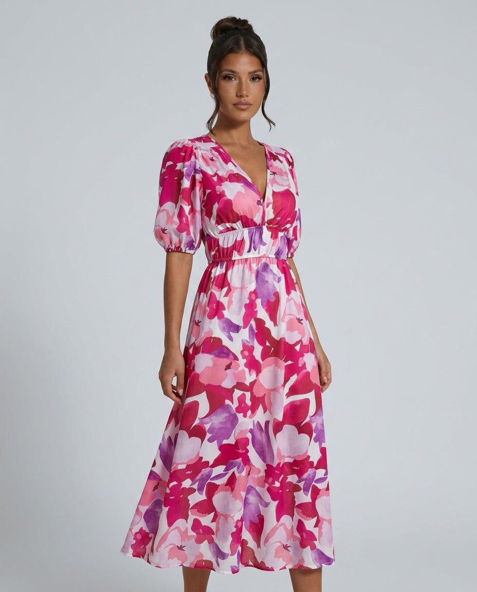 Dahlia | Floral Puff Sleeve Party Midi Dress